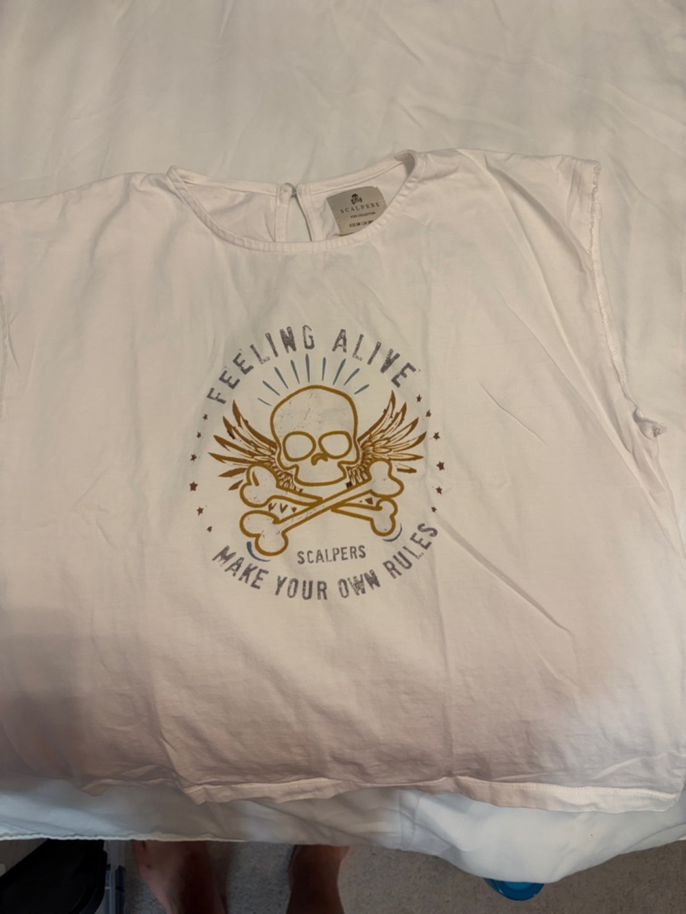 Kids White Graphic Tee - Feeling Alive Skull Design